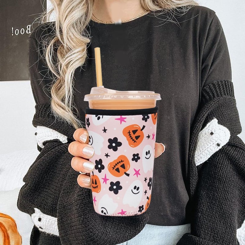 Haevola Reusable Insulated Neoprene Iced Coffee Cup Sleeve, Durable Drink Sleeve for Cold Beverages, Beverage Holder for Iced Coffee, Hello Pumpkin - Image 2